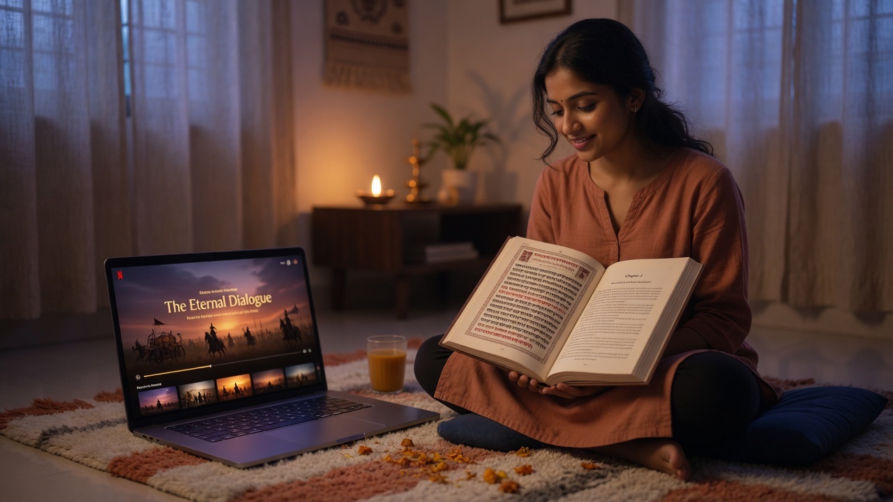 Someone holding the Bhagavad Gita while watching the cinematic path on a laptop